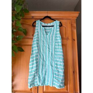 Sigrid Olsen 100% Linen Small Sleeveless Tunic Dress Pockets Striped Turquoise M